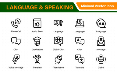 Language and speaking web icon set in line style. Language translation, linguistics, speaking, dictionary, listening skills, writing, translate, collection.