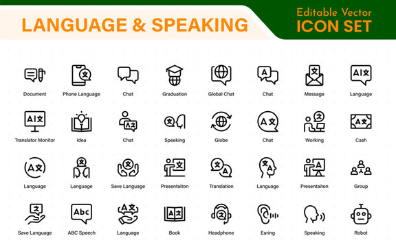 Language and speaking web icon set in line style. Language translation, linguistics, speaking, dictionary, listening skills, writing, translate, collection.
