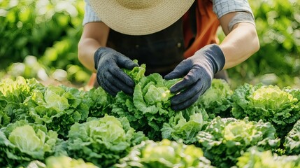 A farmer inspecting lettuce crops in a flourishing garden field