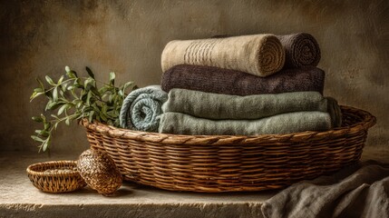 Obraz premium Stacked Towels in Wicker Basket, Neutral Tones Still Life