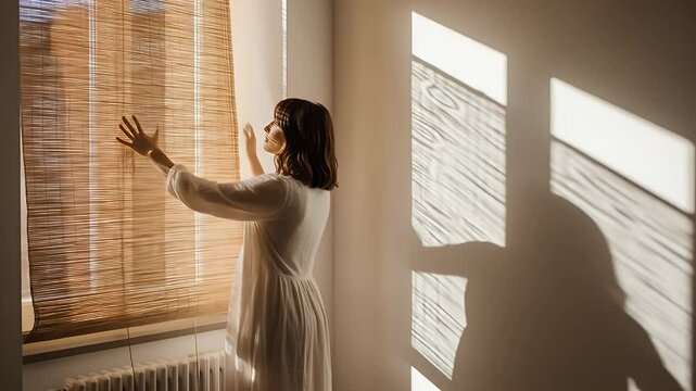 Woman adjusting bamboo window blinds in a well lit room capturing soft sunlight and shadows effect heatwave climate global change
