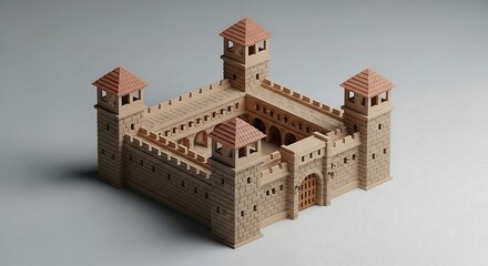 A detailed 3D illustration of a large, classic sand castle with towers and walls, isolated on white.