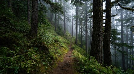 Misty forest trail winding uphill through lush greenery and tall trees, shrouded in fog