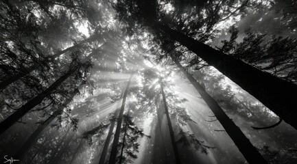 A dramatic, low-angle black and white shot of sun rays piercing through a misty forest canopy, illuminating tall tree trunks