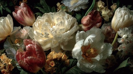 Close Up of White and Red Peonies and Tulips