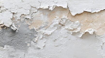 Close-up of a weathered wall surface with peeling paint revealing underlying layers of different colors and textures, showing significant damage and deterioration