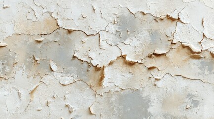 Close-up view of a weathered, off-white wall surface with extensive cracking and peeling paint, revealing patches of underlying material in varying shades of beige and gray
