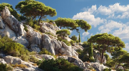 Sunlit rocky hillside with lush green pine trees and shrubs under a vibrant blue sky with fluffy white clouds