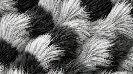 Abstract close-up of wavy, monochrome fur texture with alternating black and white strands creating a flowing pattern