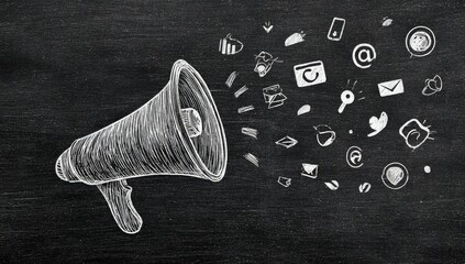 Chalkboard sketch of a megaphone emitting various communication icons, symbolizing the spread of information via diverse digital channels