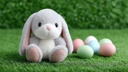 Easter bunny plush beside colorful eggs and green grass