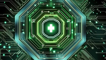 Generative 4k video. Digital medical cross symbol surrounded by intricate circuit patterns, glowing in vibrant green and blue hues, representing technology in healthcare and innovation - Powered by Adobe