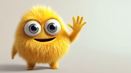 A friendly yellow furry cartoon character waves a greeting