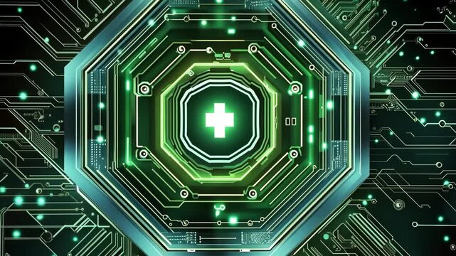 Generative 4k video. Digital medical cross symbol surrounded by intricate circuit patterns, glowing in vibrant green and blue hues, representing technology in healthcare and innovation - Powered by Adobe