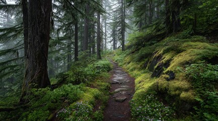 A misty forest trail winds through lush greenery, moss-covered rocks, and tall evergreen trees, creating a serene and mysterious atmosphere