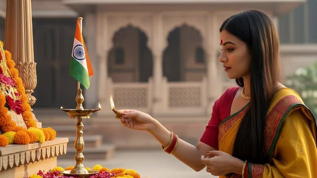 Woman in sari lights traditional lamp at outdoor indian shrine religious ceremony image
