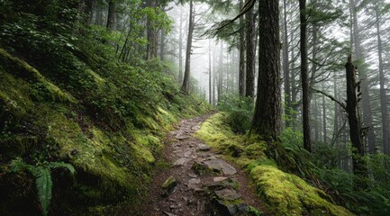 A misty forest trail winds through lush green moss-covered hillsides, tall trees lining the path, creating a serene and mysterious atmosphere