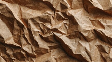 Close-up of crumpled brown paper, showing deep creases and shadows creating a textured surface