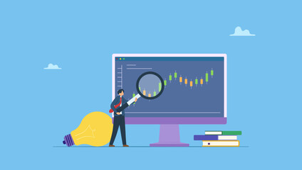 Businessman, investor holding magnifier analyze investment graph on desktop. Stock market graph analysis, crypto trader trend line or finding buy and sell indicator, investment or forex trade.