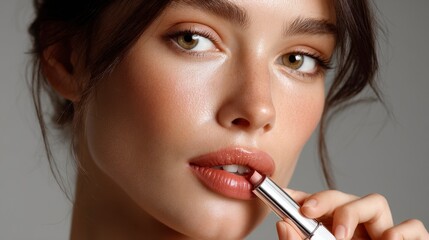 Obraz premium Close-Up of Woman Applying Lip Product with Natural Beauty Expression