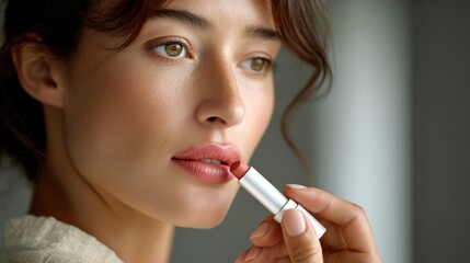 Obraz premium Close-Up of Woman Applying Lip Product with Natural Makeup