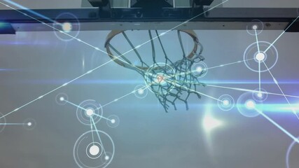 Blue-shirted player dribbling once and initiating tech digital overlays for basketball shot data - Powered by Adobe