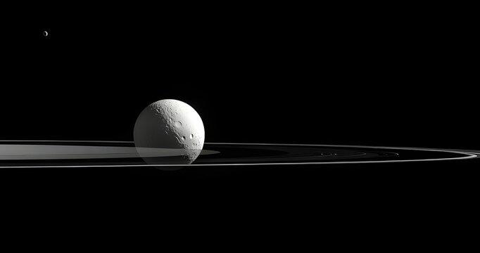 A dramatic black and white rendering of Tethys, one of Saturn's moons, appearing as a sphere prominently displaying its immense Odysseus Crater and heavily textured surface.