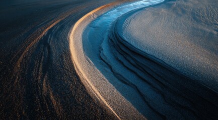 A close-up reveals intricate patterns etched into dark sand by a meandering stream of water, showcasing the interplay of light and shadow creating a dramatic contrast