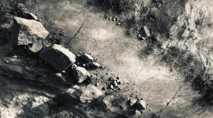 High-angle, monochrome view of a rocky, arid path.  Cracks crisscross the dusty ground, flanked by scattered stones and sparse vegetation