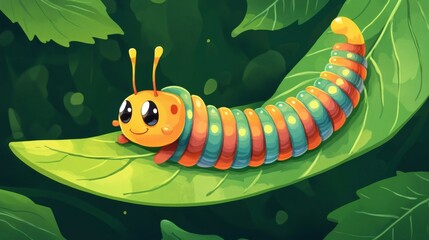A colorful and smiling caterpillar resting comfortably on a green leaf