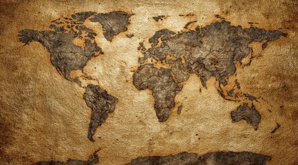 An aged, textured world map rendered in dark browns and golds, suggesting age and wear, possibly mimicking a burned or antique parchment