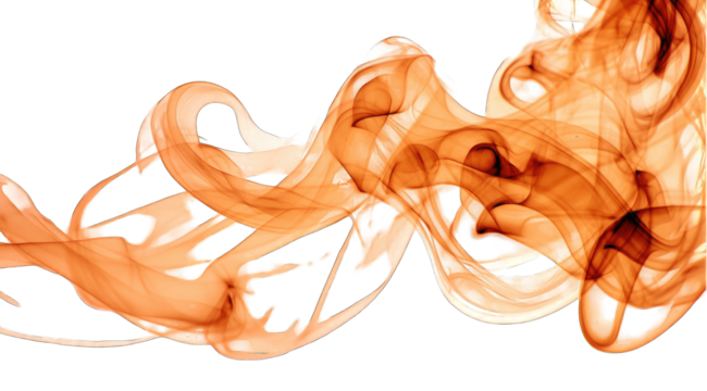 Abstract swirling orange and brown smoke design against a black background. The smoke forms intricate patterns and shapes, creating a dynamic and energetic composition