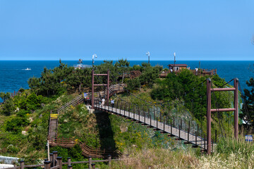 Fototapeta premium high angle view of the suspension footbridge