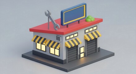 Fototapeta premium A 3D isometric illustration of a modern multi-story building with a prominent red sign on the roof.