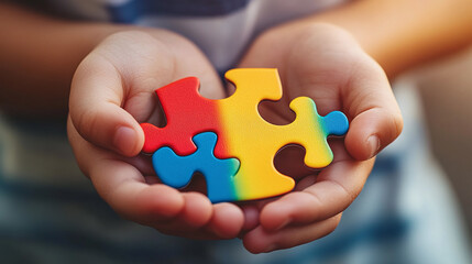 A close-up of a child’s hands holding a rainbow-colored puzzle piece, symbolizing autism awareness and support, with the background softly blurred to create a focused, emotional moment