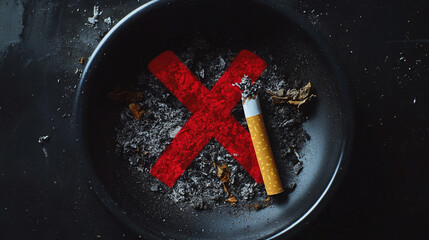 A close-up of a cigarette butt in an ashtray, with a red 'X' overlayed, symbolizing the end of tobacco consumption and the fight against smoking addiction.