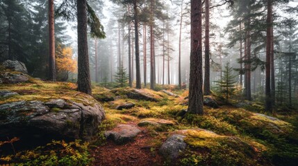 Obraz premium Forest with Moss Covered Rocks and Trees in Fog