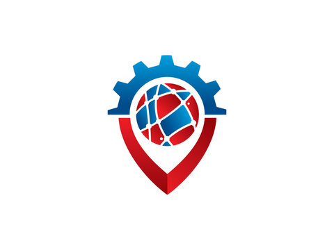 Global Engineering Location Pin Logo Template Design with Gear and World Map