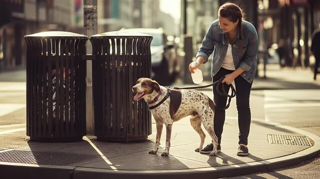 Woman walking a spotted dog on a city sidewalk in sunlight effect heatwave climate global change