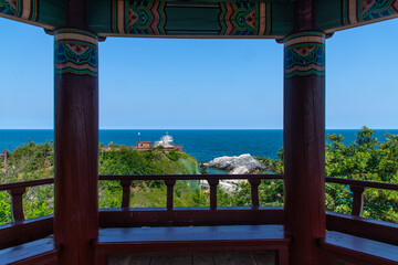 interior of the traditional Korean pavilion with seascape