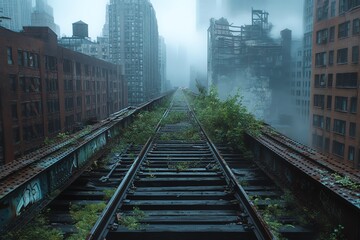 Fototapeta premium Overgrown Abandoned Railway Tracks in Foggy City Landscape