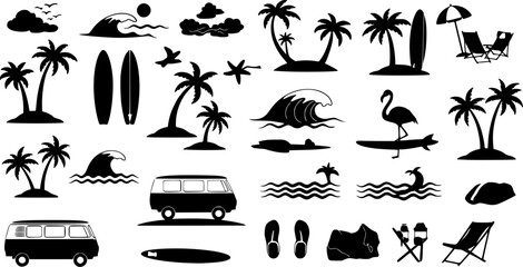 Black summer beach icon set, flat vector silhouette style, isolated on white, A tropical beach and surf-themed vector set with palm trees, waves, surfboards, a van, flamingos, and ocean elements