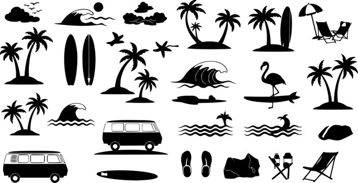 Black summer beach icon set, flat vector silhouette style, isolated on white, A tropical beach and surf-themed vector set with palm trees, waves, surfboards, a van, flamingos, and ocean elements