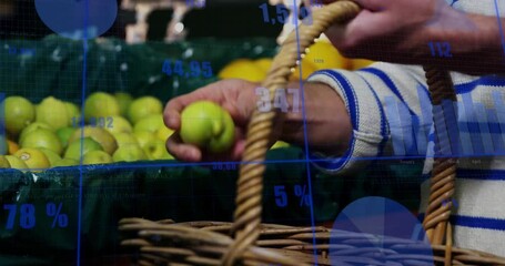 Man grabbing apples causing overlay showing fruit analytics and percentages updating fill progress - Powered by Adobe