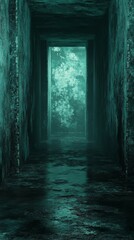 Fototapeta premium Dark Stone Corridor with Glowing Teal Light Mysterious Ethereal Path
