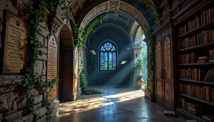 Fototapeta premium a mysterious corridor inside a forgotten magical library