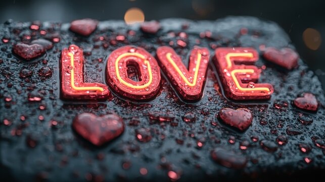 Neon LOVE sign, wet dark surface, hearts