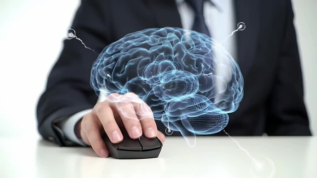 Businessman in Dark Suit Clicking Mouse with Blue Brain Hologram Hovering Above on White Desk Depicting Technology and Innovation