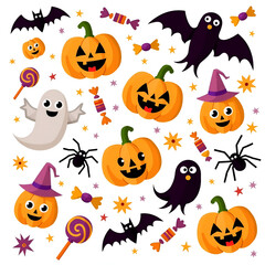 Playful Halloween Clipart Collection with Pumpkins, Ghosts, Bats, Spiders, and Candy - Colorful and Cute Design Elements