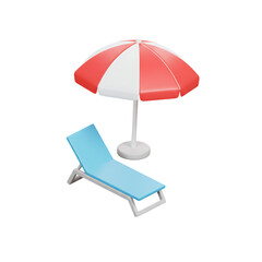 Isometric red and white umbrella with lounger